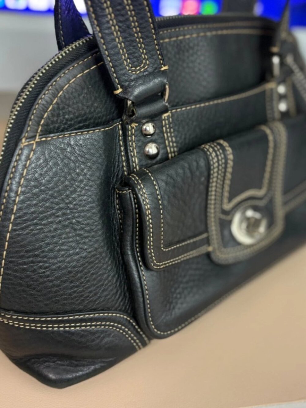 Coach Chelsea Pebbled Leather Satchel Black Bag Turnlock Front Pocket - Picture 5 of 10